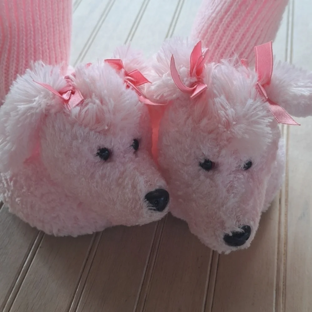 Adorable Pink Poodle Girl's Warm Sock Slippers Fun Playful Fluffy (Size 5-6)